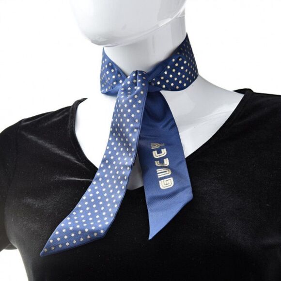 X SEGA Silk GUCCY Stars Print Skinny Scarf Navy Gold - Picture 1 of 13